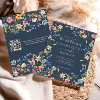 Navy Blue Modern QR Code Wildflower Wedding  Invitation