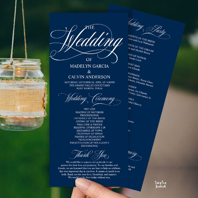 Navy Blue Modern Script All In One Wedding Program (Modern Script All In One Wedding Program Card in Navy Blue)