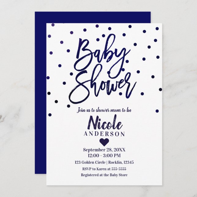 Navy Blue Modern Script Baby Shower Confetti Invitation (Front/Back)