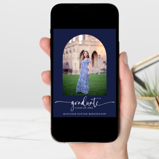 Navy Blue Modern Script Graduation Arch Photo Announcement (Front Digital)