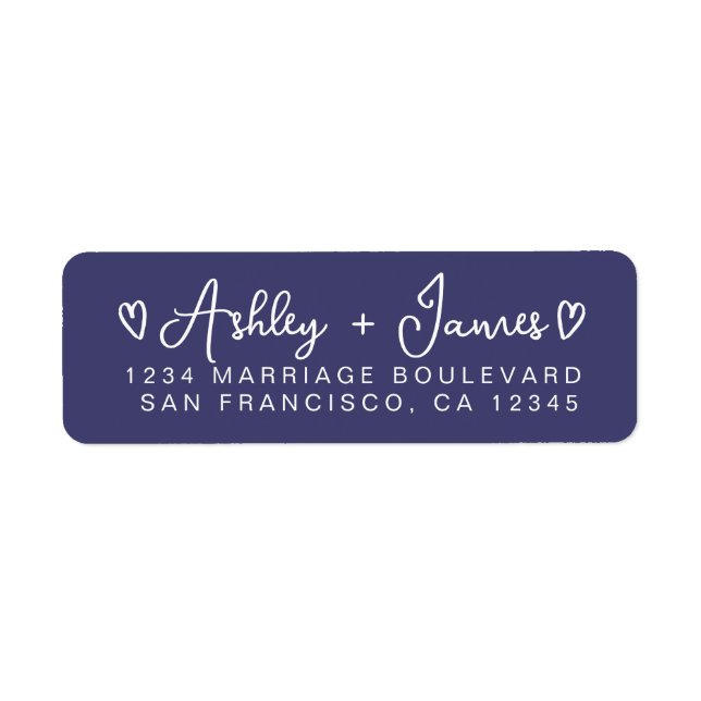 Navy Blue Modern Script Hearts Return Address Label (Front)