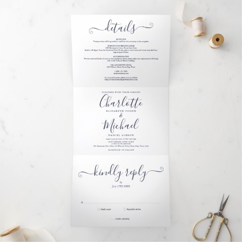 Navy Blue Modern Script Minimalist Photo Wedding Tri_Fold Invitation