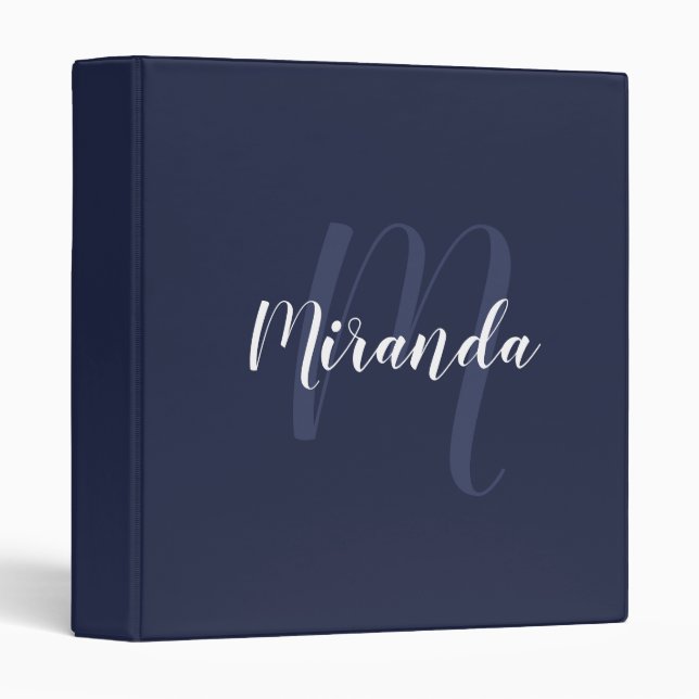 Navy Blue Modern Script Monogram and Name 3 Ring Binder (Front/Spine)