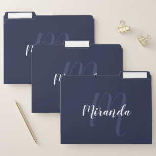 Navy Blue Modern Script Monogram and Name File Folder