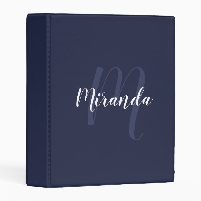 Navy Blue Modern Script Monogram and Name Mini Binder (Front/Spine)