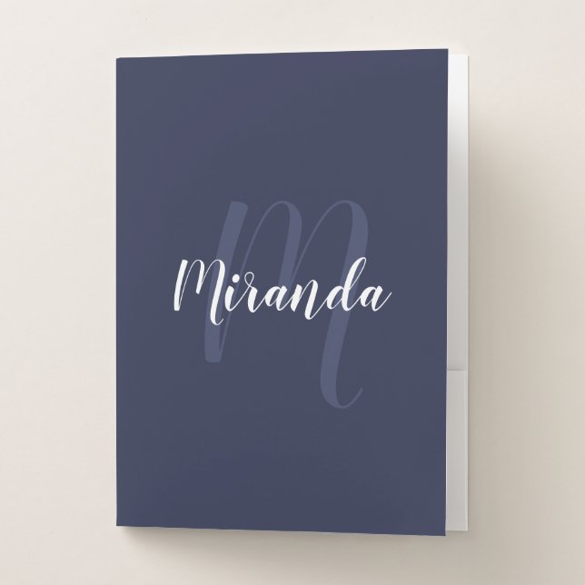Navy Blue Modern Script Monogram and Name Pocket Folder (Front)