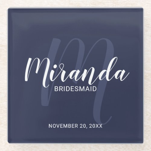 Navy Blue Modern Script Personalized Bridesmaids Glass Coaster