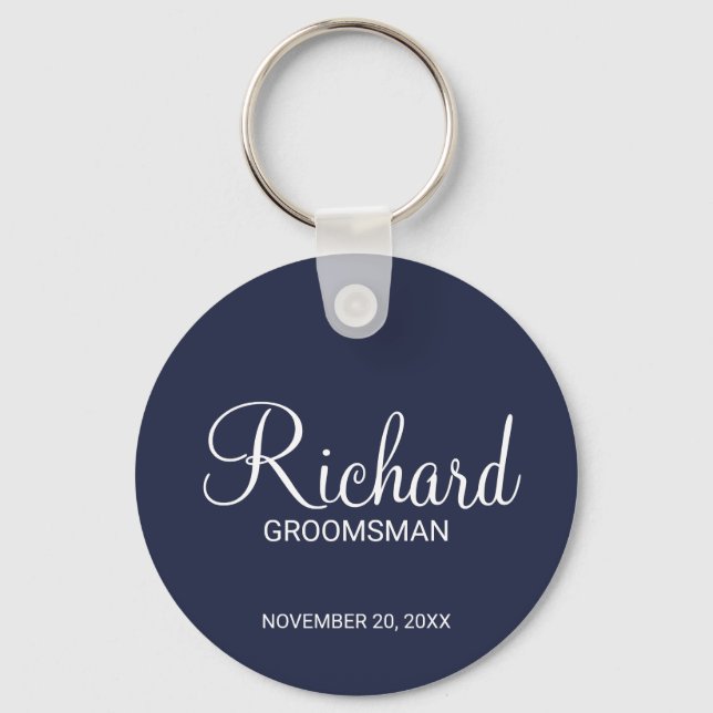Navy Blue Modern Script Personalized Groomsman Keychain (Front)