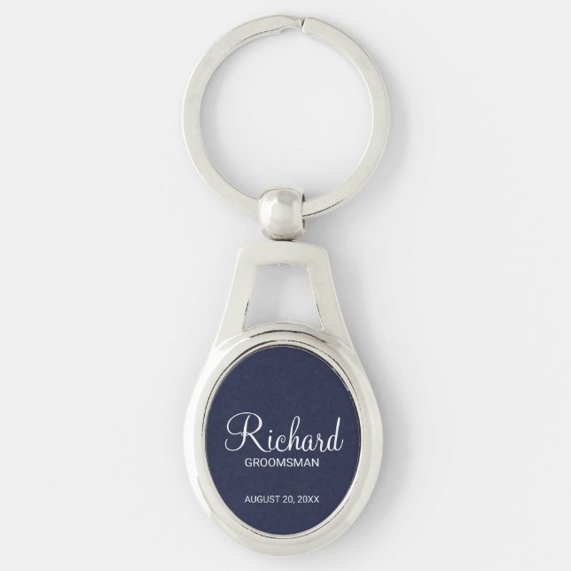 Navy Blue Modern Script Personalized Groomsman Keychain (Front)