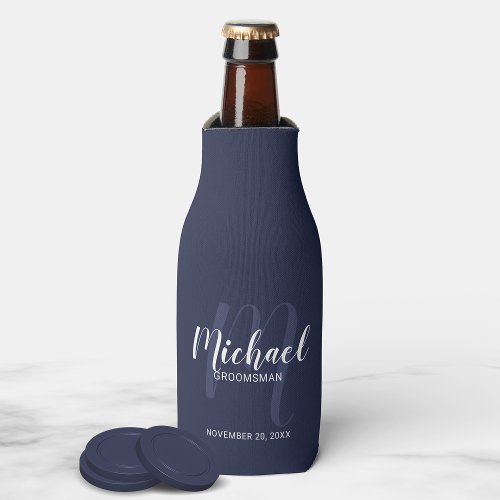 Navy Blue Modern Script Personalized Groomsmen Bottle Cooler