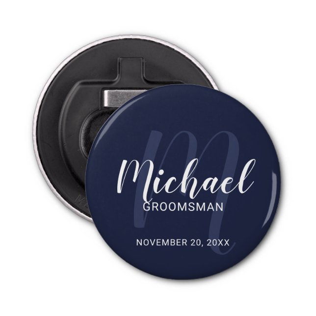 Navy Blue Modern Script Personalized Groomsmen Bottle Opener (Front)