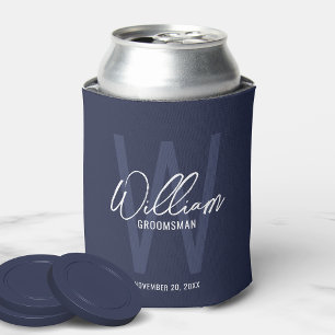 Navy Blue Modern Script Personalized Groomsmen Can Cooler