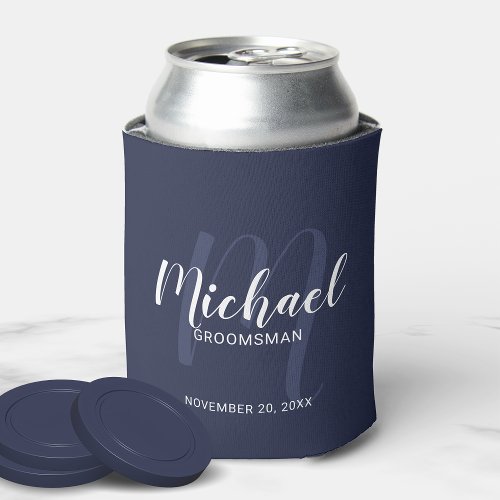 Navy Blue Modern Script Personalized Groomsmen Can Cooler