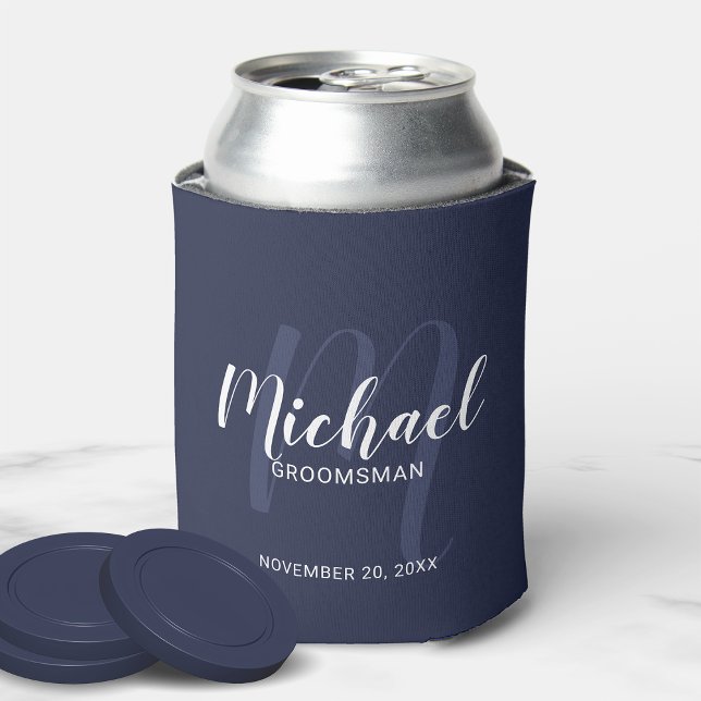 Navy Blue Modern Script Personalized Groomsmen Can Cooler (Creator Uploaded)