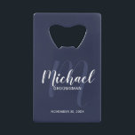 Navy Blue Modern Script Personalized Groomsmen Credit Card Bottle Opener<br><div class="desc">Add a personal touch to your wedding with personalized groomsmen credit card bottle opener. This bottle opener features personalized groomsmen's name in white modern script font style and monogram in light blue modern script font style as background with title and wedding date in white modern sans serif font style on...</div>