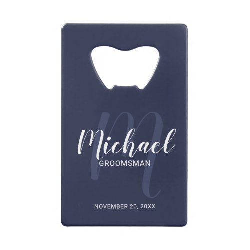 Navy Blue Modern Script Personalized Groomsmen Credit Card Bottle Opener