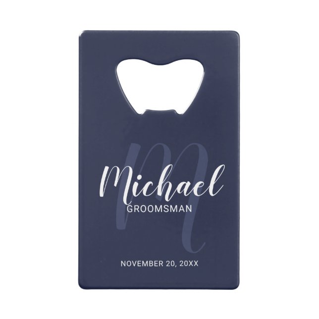 Navy Blue Modern Script Personalized Groomsmen Credit Card Bottle Opener (Front)