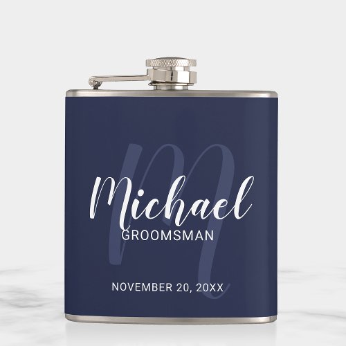 Navy Blue Modern Script Personalized Groomsmen Flask