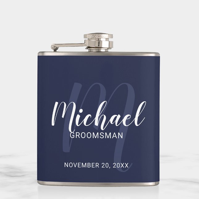 Navy Blue Modern Script Personalized Groomsmen Flask (Creator Uploaded)