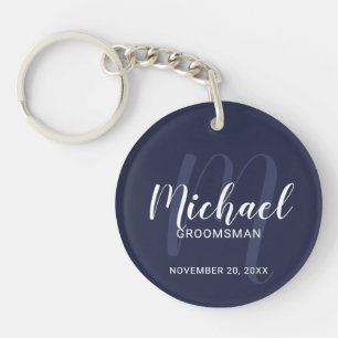 Navy Blue Modern Script Personalized Groomsmen Keychain