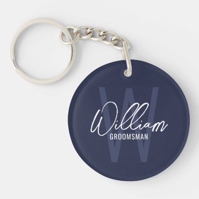 Navy Blue Modern Script Personalized Groomsmen Keychain (Front)