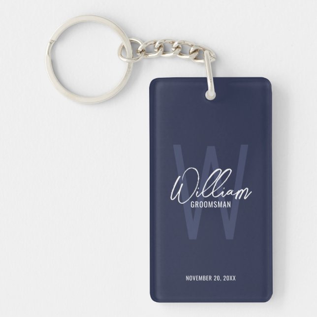 Navy Blue Modern Script Personalized Groomsmen  Keychain (Front)