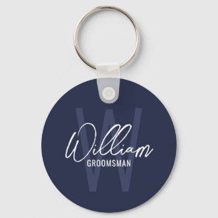 Navy Blue Modern Script Personalized Groomsmen Keychain