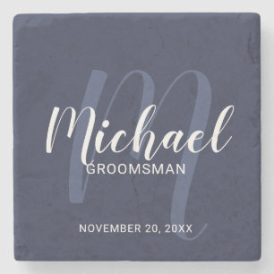 Navy Blue Modern Script Personalized Groomsmen Stone Coaster