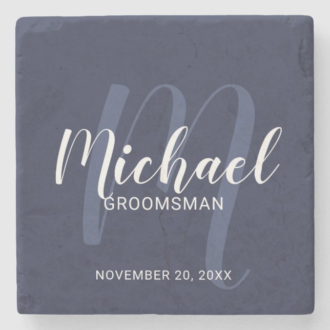 Navy Blue Modern Script Personalized Groomsmen Stone Coaster (Front)