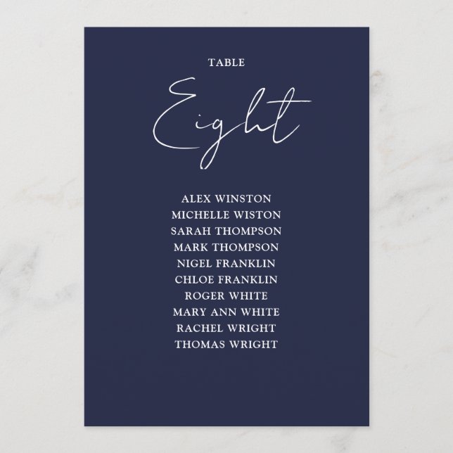Navy Blue Modern Seating Chart Table Number (Front)