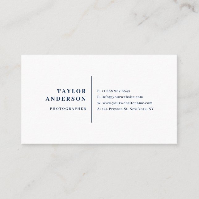 Navy Blue Modern Serif Typography Minimalist Business Card (Front)
