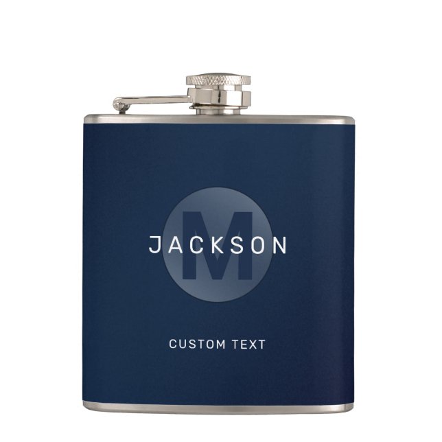 Navy blue modern simple personalized monogram flask (Front)