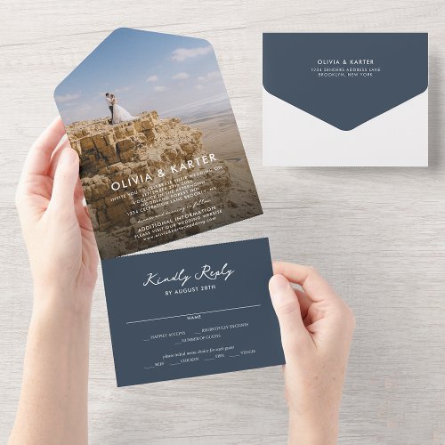Navy Blue Modern Simple Romantic Photo Wedding All In One Invitation