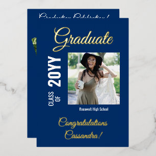 Navy Blue Modern Square Photo Graduation Party Foil Invitation