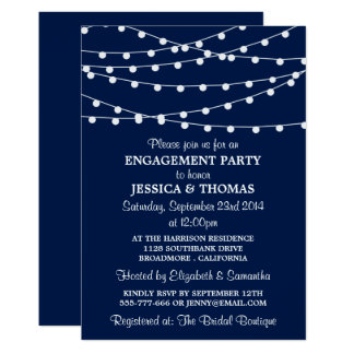 Navy Blue Modern String Lights Engagement Party Card