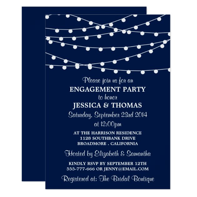 Navy Blue Modern String Lights Engagement Party Invitation
