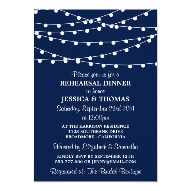 Navy Blue Modern String Lights Rehearsal Dinner Invitation