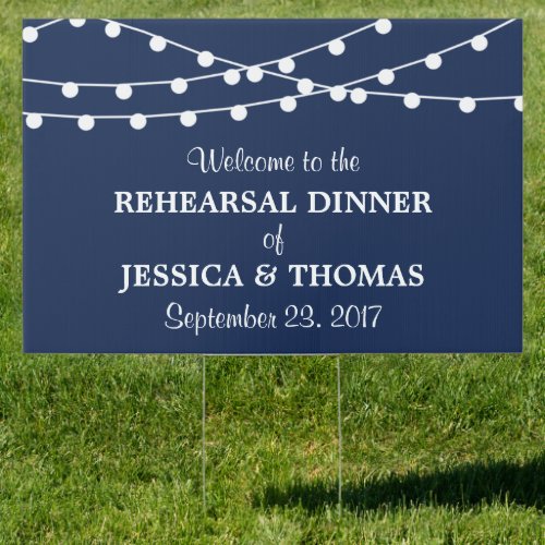 Navy Blue Modern String Lights Rehearsal Dinner Sign