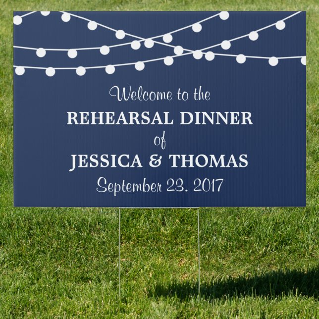 Navy Blue Modern String Lights Rehearsal Dinner Sign (Insitu)