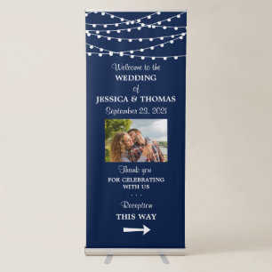 Navy Blue Modern String Lights Wedding Welcome Retractable Banner