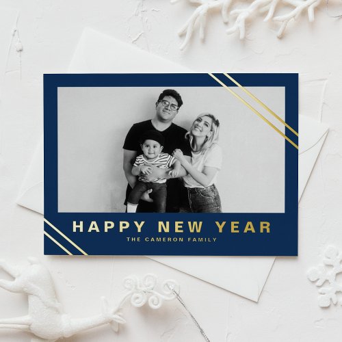 Navy Blue Modern Stripes Photo Happy New Year Foil Holiday Card