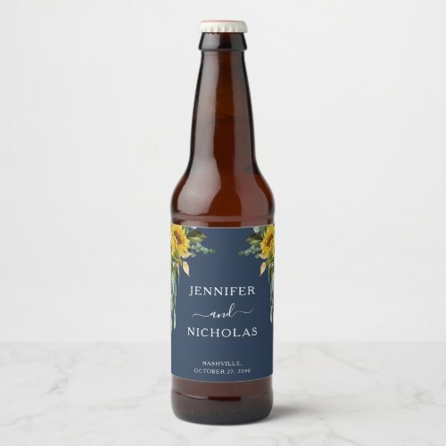 Navy Blue Modern Sunflower Wedding  Beer Bottle Label