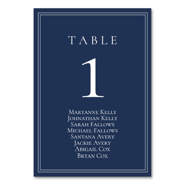 Navy Blue Modern Table Number with Seating Chart (Front)