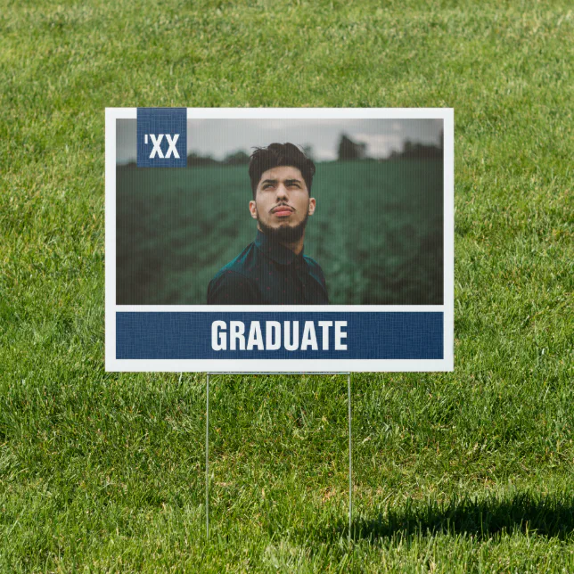 Navy Grad Sign Navy Blue Modern Textured Photo Graduation Sign | Zazzle