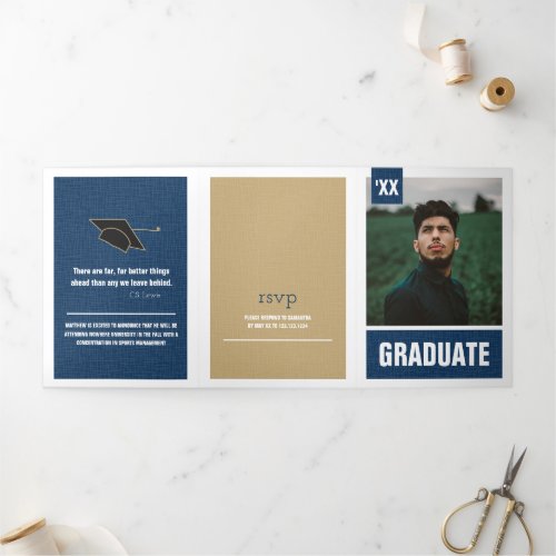 Navy Blue Modern Textured Photo Graduation Tri_Fold Invitation