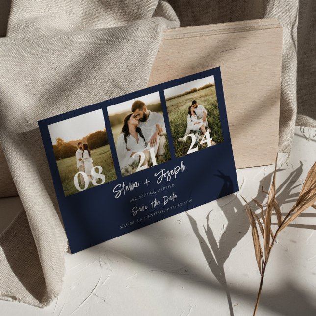 Navy Blue Modern Three Photos Collage Chic Wedding Save The Date (Creator Uploaded)