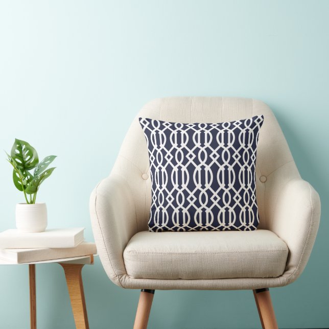 Navy Blue Modern Trellis Pattern Throw Pillow (Chair)