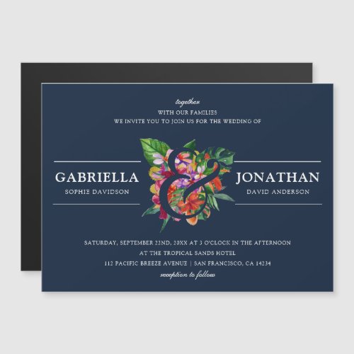 Navy Blue Modern Tropical Bouquet Wedding Magnetic Invitation