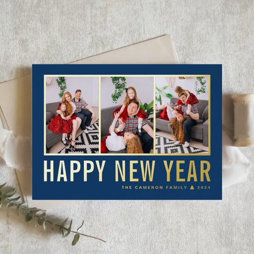 Navy Blue Modern Typography Photo Collage New Year Foil Holiday Card