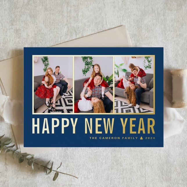Navy Blue Modern Typography Photo Collage New Year Foil Holiday Card (Creator Uploaded)